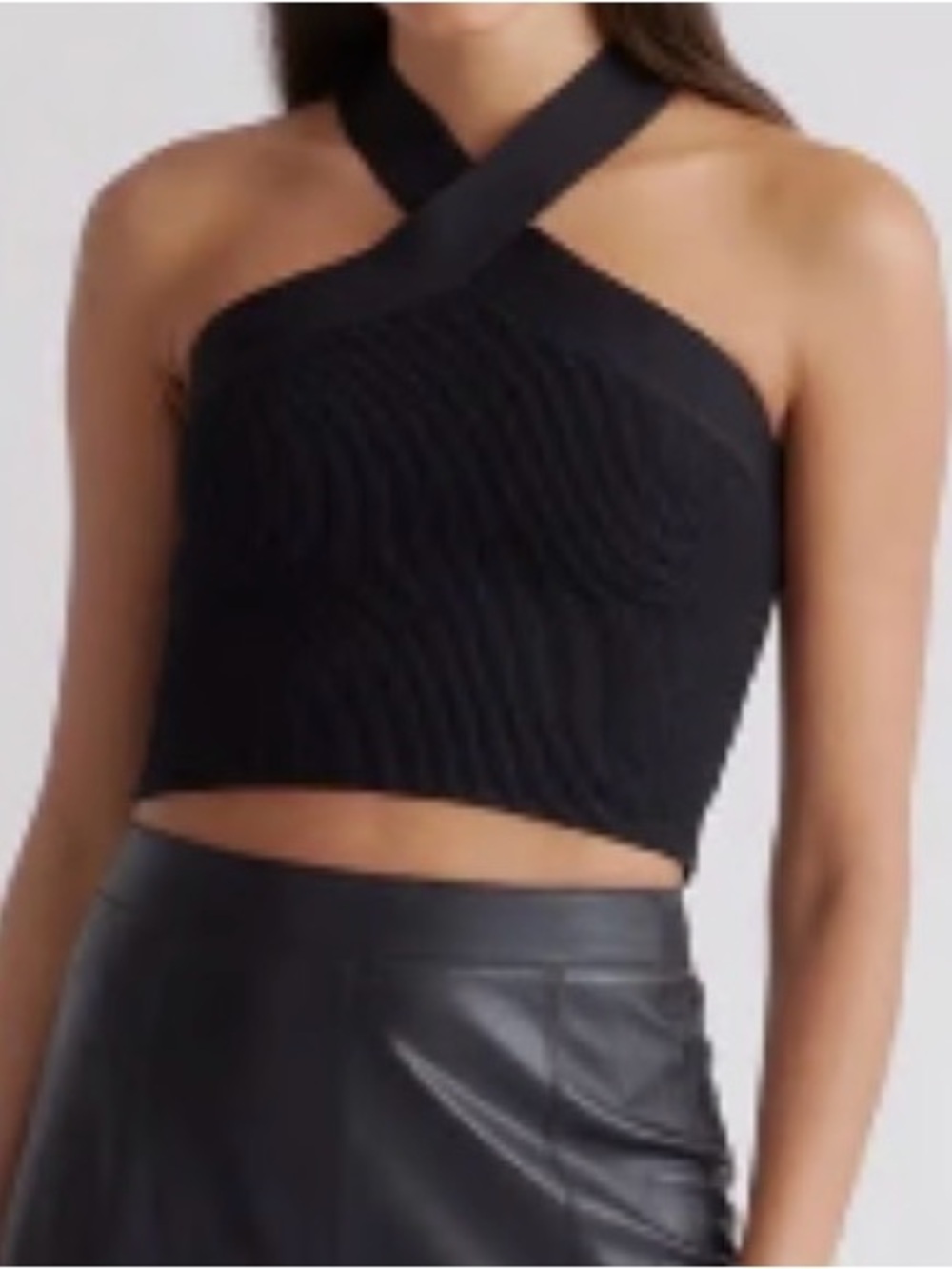 Quince Black Ribbed Knit Crossback Halter Cropped Tank Top Size S